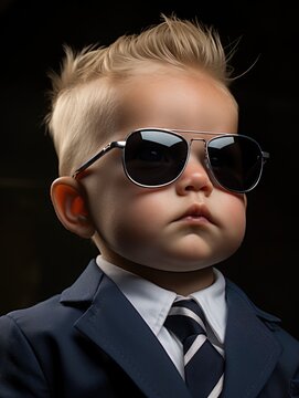 boy child, looks cool in a suit, jacket and tie, sunglasses, cool style, fashion suit, relaxing, working in uniform, kids style