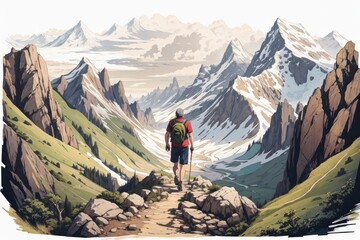 Fototapeta premium Illustration of a man hiking a trail through the mountains