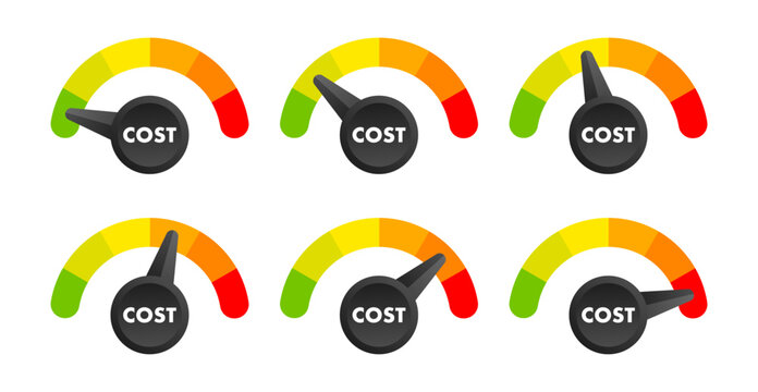 Cost reduction Level Meter, measuring scale. Cost reduction Level speedometer indicator. Price management. Vector stock illustration
