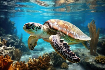 Obraz premium A sea turtle swimming through a colorful coral reef 