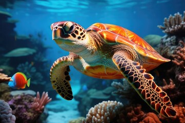 Fototapeta premium A sea turtle swimming through a colorful coral reef 
