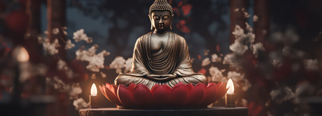 buddha statue and lotus flowers - obrazy, fototapety, plakaty