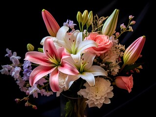 Bouquet of lilies in a vase on a black background