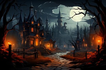 Paysage halloween avec chateau hanté au loin et la pleine lune dans une ville abandonnée et vide