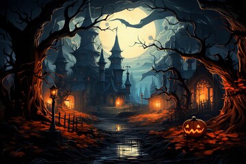 Paysage halloween avec chateau hanté au loin et la pleine lune dans une ville abandonnée et vide - obrazy, fototapety, plakaty