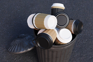Metallic rubbish bin full of disposable coffee cups. Illustration of the concept of litter produced by paper cups - obrazy, fototapety, plakaty