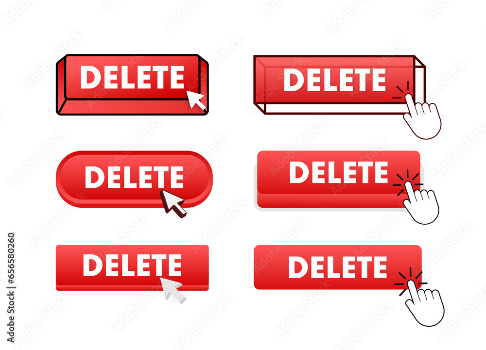 Aufkleber delete button with pointer clicking. delete web buttons set. user interface element in flat style. v
