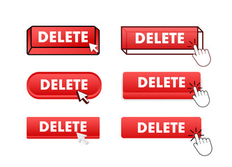 Delete Button with pointer clicking. Delete web buttons set. User interface element in flat style. Vector illustration