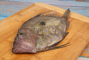 Saint-Pierre Seafish, Zeus Faber, John Dory, Pez de San Pedro, fish, isolated on cutting board...