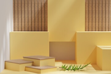 Exhibition Podium, stand, on pastel light аrchitectural background for premium product, 3D render. 
