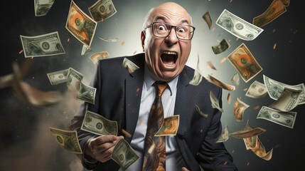 Funny old businessman screaming with money - obrazy, fototapety, plakaty