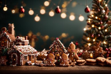 New Year's decoration of gingerbread houses, a man on the background of a Christmas tree and lights. New Year, holiday, food, handmade concepts - obrazy, fototapety, plakaty