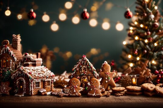 New Year's decoration of gingerbread houses, a man on the background of a Christmas tree and lights. New Year, holiday, food, handmade concepts
