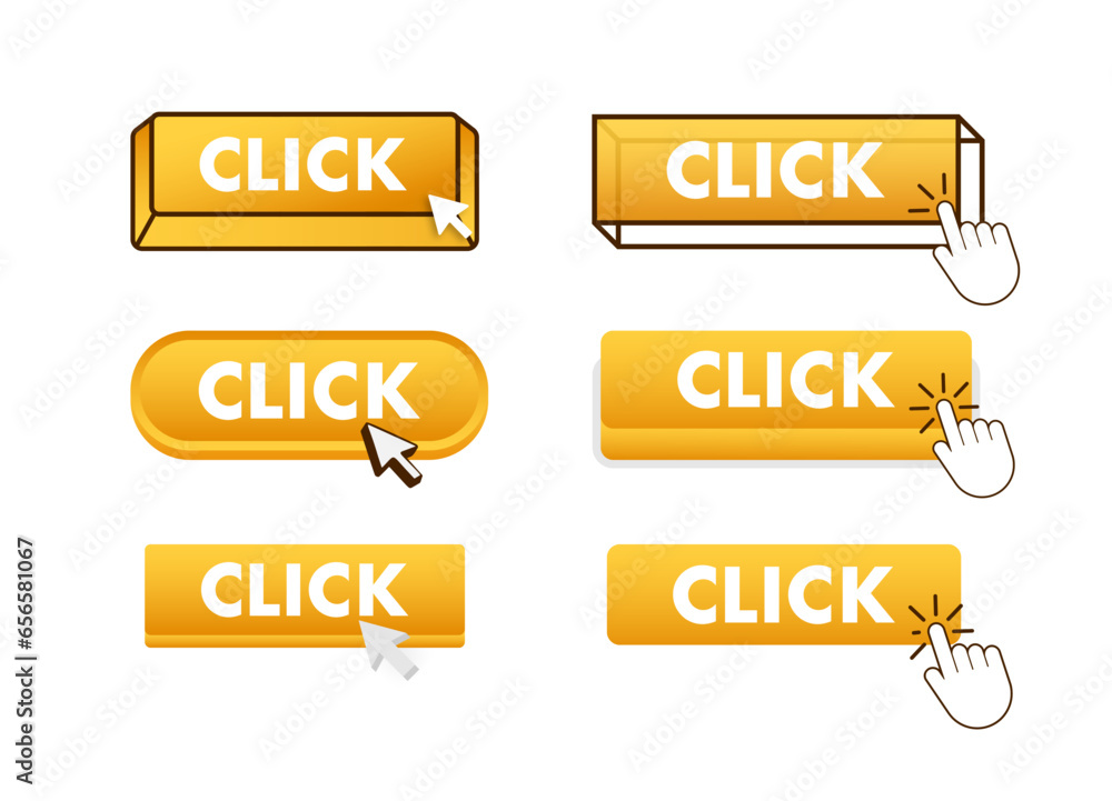 Aufkleber click button with pointer clicking. click web buttons set. user interface element in flat style. vec