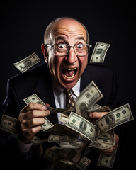 Funny old businessman screaming with money