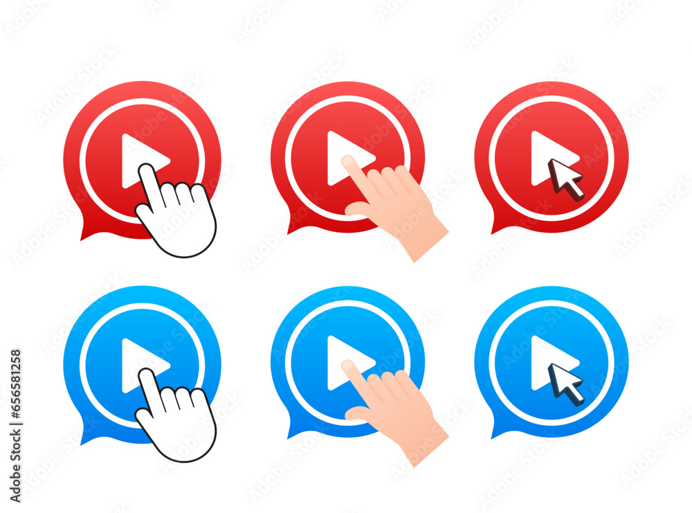 Poster set hand pushing play button. button video player with finger click. watch now label. vector stock i