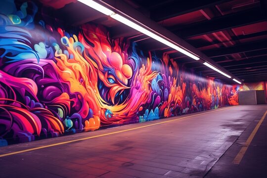 Vibrant graffiti art on urban tunnel walls captured under soft dawn light