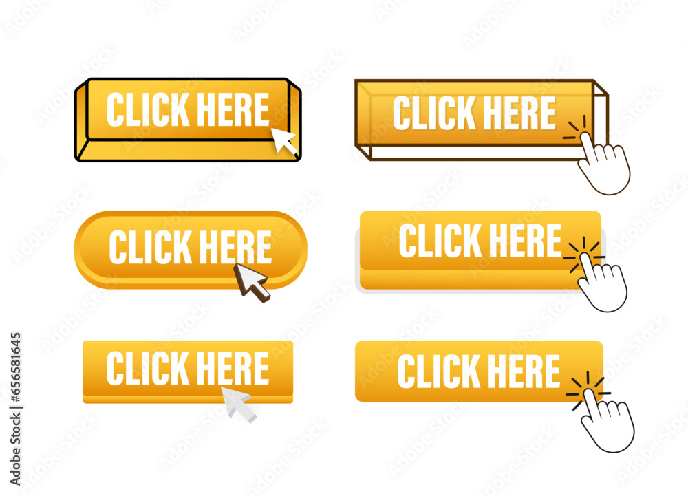 Aufkleber click here button with pointer clicking. click here web buttons set. user interface element in flat 
