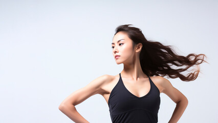 Determined girl Japanese Gymnast Half-Body Shot on a White Background