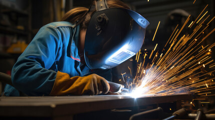 welder works in metal shop