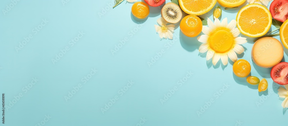 Sticker minimal summer food concept represented by trendy sunlight pattern on bright light blue background w