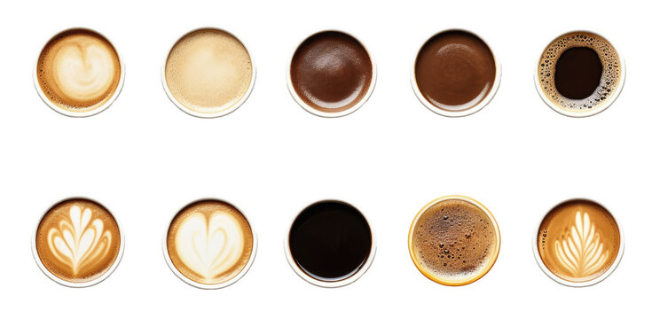 Top view, set of paper take away cups of different black coffee isolated on transparent background.