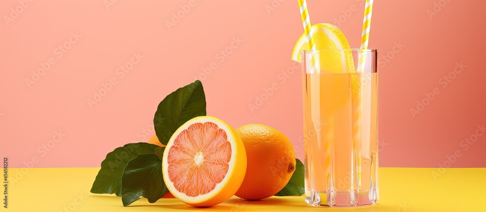 Poster citrus juice with mint and a straw on a pink background with copyspace for text