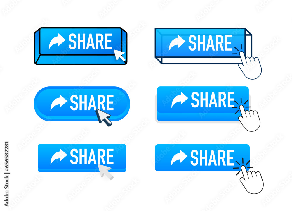 Aufkleber share with pointer clicking. share web buttons set. user interface element in flat style. vector sto