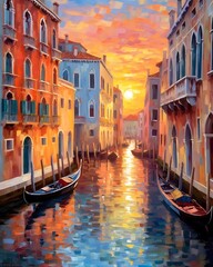 Digital painting of Venice canal with gondolas at sunset, Italy - obrazy, fototapety, plakaty