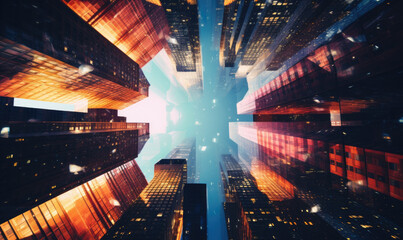 Kaleidoscopic view of skyscrapers, blending urban architecture with artistic flair.