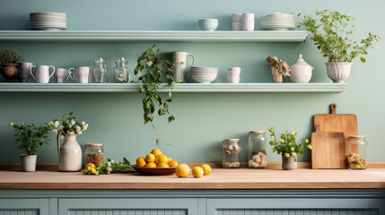Wall shelves in a kitchen with cups and plates on them