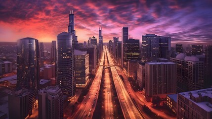 Fototapeta na wymiar Aerial panoramic view of the city skyline at sunset.