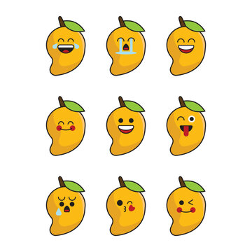 Vector set of fruit emoticons. Cute mango emoji with face.