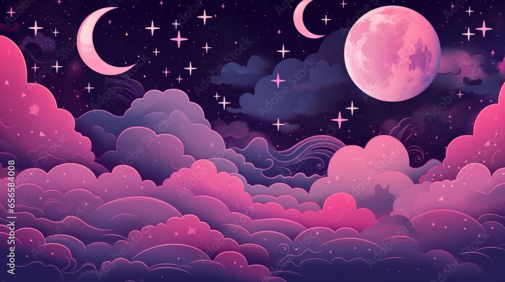 Canvas Prints full moon and stars in the sky with magenta clouds abstract night sky background