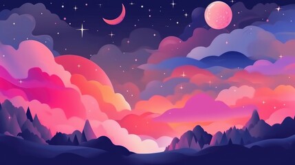 a view of a mountain landscape with a crescent and stars abstract night sky background with magenta clouds