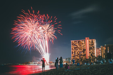 Fireworks over Waikiki on Oahu, Hawaii