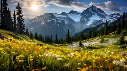 Panoramic view of alpine meadow with wildflowers - obrazy, fototapety, plakaty