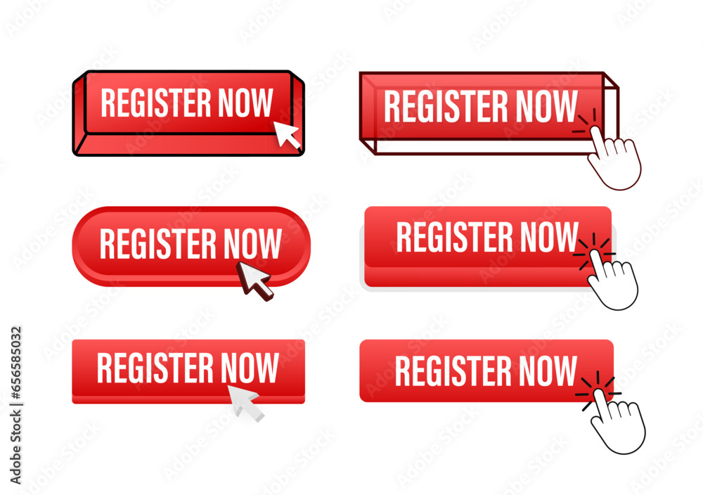 Poster Register now Button with pointer clicking. Register now web buttons set. User interface element in flat style. Vector stock illustration