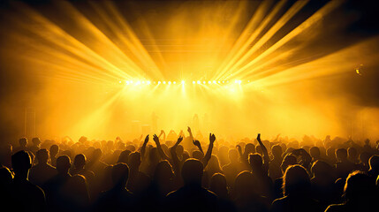Fototapeta na wymiar Concert crowd shadows against vibrant yellow stage lights. silhouette concept
