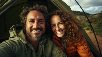 Young couple takes selfie in tent at camp