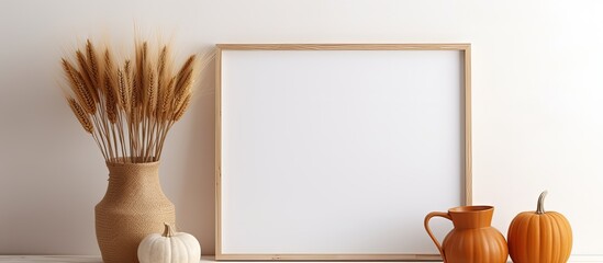 Nordic room interior with wooden box of pumpkins wheat vase on white table and picture frame mockup with copyspace for text