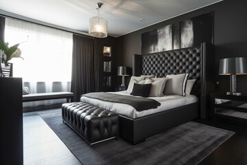 Contemporary bedroom setup featuring contrasting furniture. Generative AI