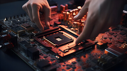 The technician will place the CPU in the socket. - obrazy, fototapety, plakaty