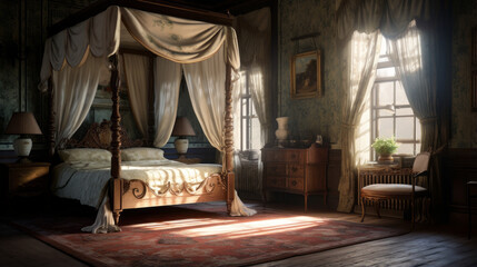A Victorian-era bedroom with ornate wallpaper, a canopy bed, and antique furnishings