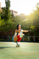Middle aged woman with roller skates