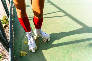 Close-up of a woman's roller skates