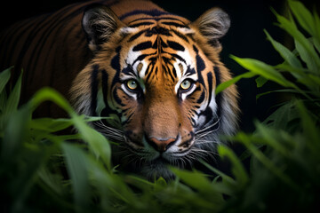 A tiger's face peeks out from thick green leaves. It looks curious and hidden, blending a bit with nature. Good for wildlife or nature themes a tiger peeks out of the green foliage