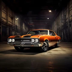 Fototapete 3D rendering of an old american muscle car in a garage © Iman