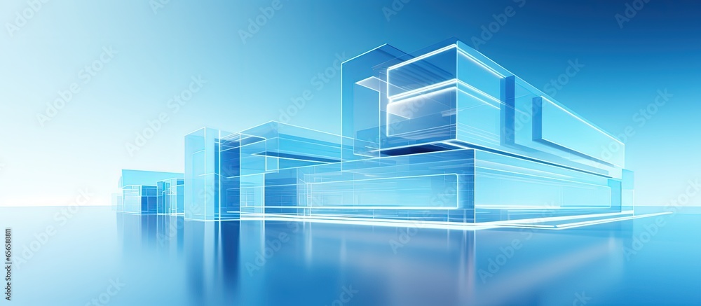 Poster illustration of a futuristic blue building with abstract constructions in cyan with copyspace for te
