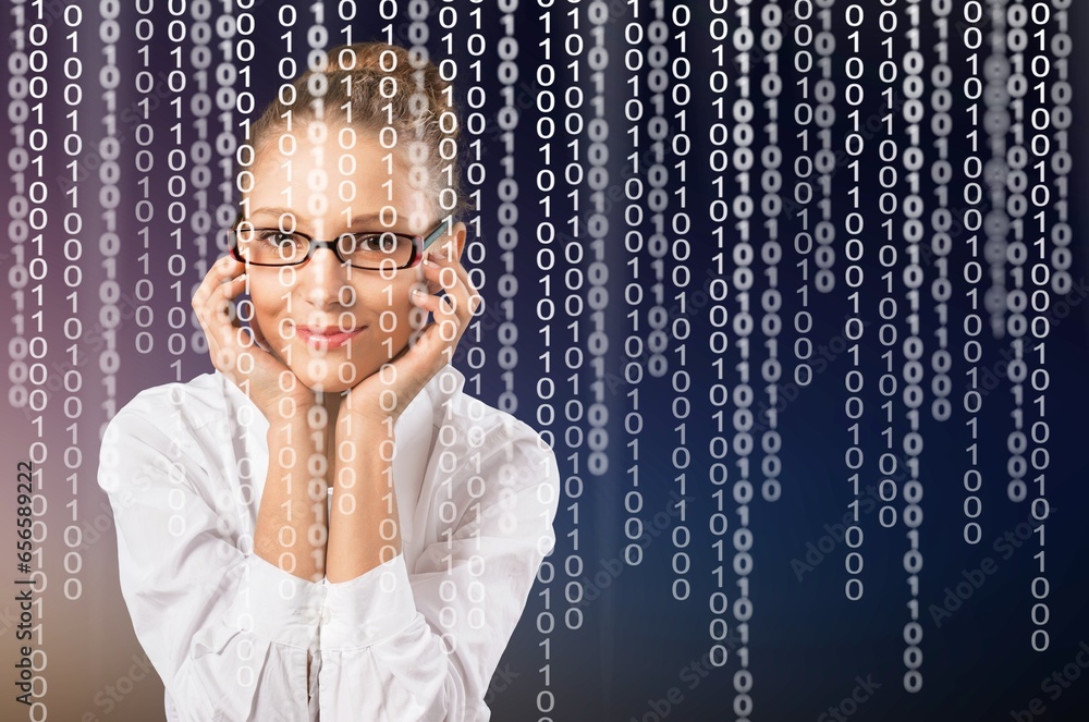 Poster software and data concept, woman with digital code analytics